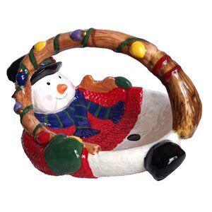 Snowman Basket Dish Ceramic Painted Snowman Christmas Decor